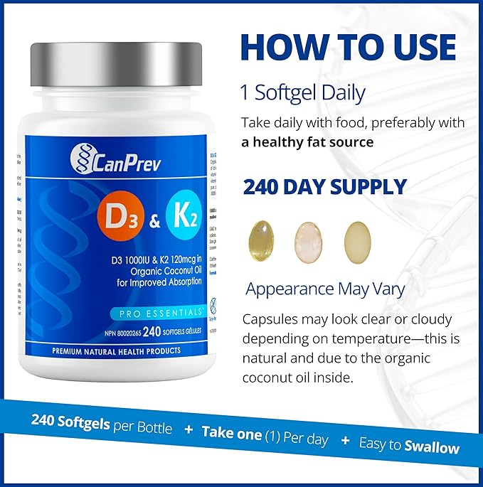 CanPrev D3 &amp K2 Vitamins 240 Softgels 240-Day Supply 1000IU Vitamin D3 &amp 120mcg K2 Supports Strong Bones Teeth &amp Heart Wellness Easy-to-Absorb with Organic Coconut Oil No GMO Gluten