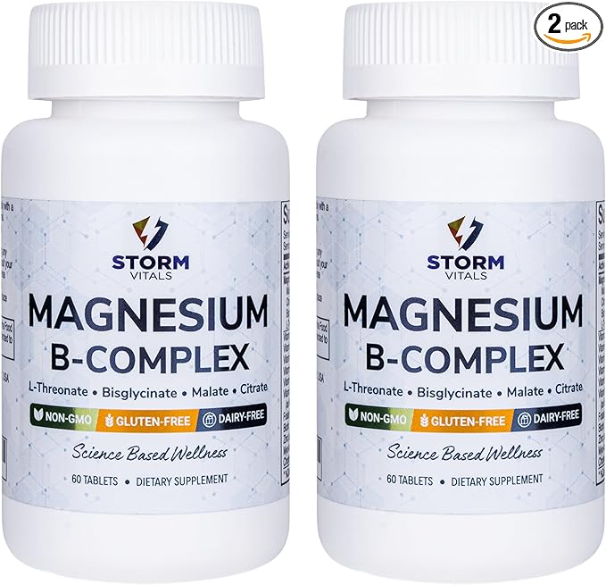 Magnesium + B-Complex – L-Threonate Malate Citrate Bisglycinate – B1 B2 B3 B5 B6 Biotin Folate B12 – with Choline &amp Zinc – 60 Time Release Tablets
