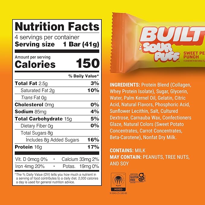 BUILT Bar Sour Puff Protein Bars - Variety Pack - 16g Protein Snack Bars with Collagen - Calorie Conscious &amp Gluten Free - 12 Count