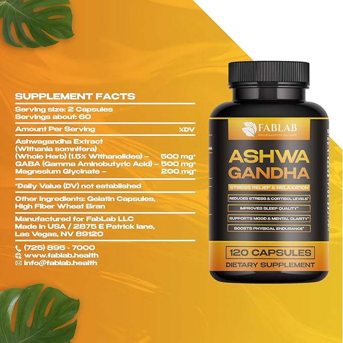Ashwagandha GABA &amp Magnesium Glycinate Supplement 120 Capsules Natural Stress Relief Mood Support &amp Relaxation Sleep Aid &amp Adrenal Support Non-GMO