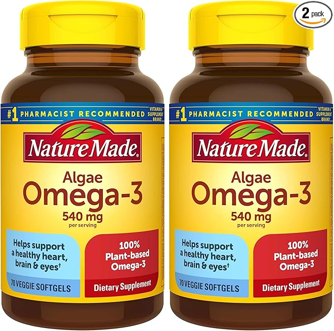 Nature Made Algae Oil Omega 3 Supplement 540mg Omega 3 Fish Oil Alternative 70 Veggie Softgels Sustainable Plant-Based for Healthy Heart Brain and Eye Support 70 Softgels(Pack of 2)