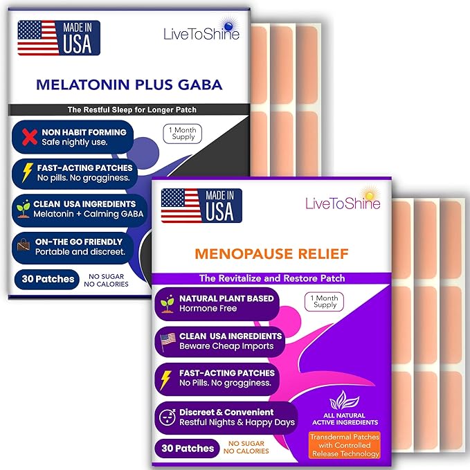 Menopause Relief and Melatonin Sleep Patch Bundle - 2 Packs - Hot Flashes Night Sweats Mood Swings Relief Plus Restful Sleep Patches - 30 Day Supply Per Pack (60 Patches) - USA Made by Live To Shine
