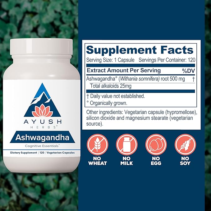 Ayush Herbs Ashwagandha Capsules - Ashwagandha for Men &amp Women Ashwagandha Supplements Pure Ashwagandha Root Powder for Stress 500mg per Pill - 120 Vegetarian Caplets (1 Count)