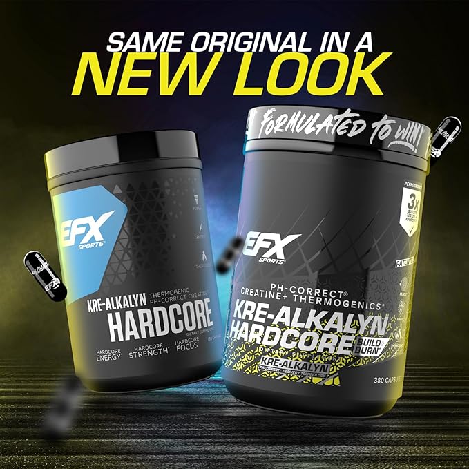 EFX Sports Kre-Alkalyn Hardcore | Thermogenic pH Correct Creatine Monohydrate Pill Supplement | Energy &amp Strength Pre Workout | 126 Servings 380 Capsules