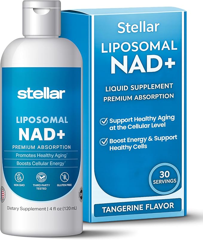 Stellar Liposomal NAD+ Liquid Supplement – Premium Absorption for Healthy Aging &amp Cellular Energy – Non-GMO Gluten-Free Third-Party Tested – 4 fl oz (120 mL)