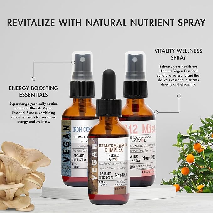 Ultimate Vegan Essential Bundle Liquid Spray- Ultimate Mushroom Complex Iron Bisglycinate and Vitamin B12 Methylcobalamin All Natural Non-GMO Gluten Free Sugar Free 2 Fl Oz 360 Days Supply