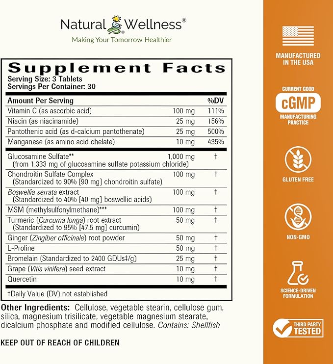 Natural Wellness Glucosamine Chondroitin with MSM and Turmeric Supplement – Supports Joint Health Mobility and Cartilage Strength – Glucosamine MSM Tablets for Flexibility – 90 Count