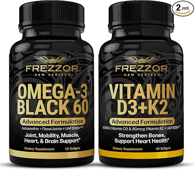 FREZZOR Omega 3 Black Green Lipped Mussel Oil 53x Higher Potency for Superior Joint Comfort &amp Mobility No Fishy Aftertaste 1 Bottle 60 Softgels Plus 1 Bottle of Vitamin D3+K2