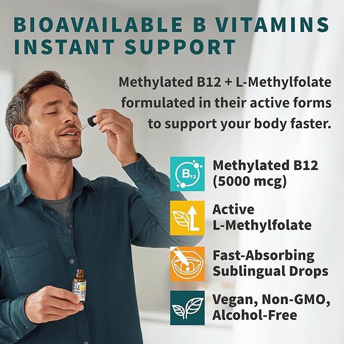 (2-Pack) Methylated B Complex Liquid Drops with Active L-Methylfolate - B12 Sublingual Drops Vitamin B Complex - Vegan B 12 Vitamin 5000mcg Non-GMO Raspberry Flavor No Sugar 2 Fl oz 80 Servings