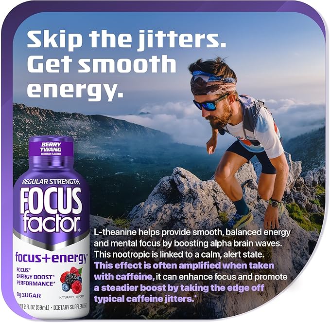 Focus Factor Focus + Energy Shots - 12 x 2oz Bottles (Berry Twang Flavor) - Powered by Nootropics with Caffeine L-Theanine Ginkgo Bacopa L-Tyrosine Alpha GPC