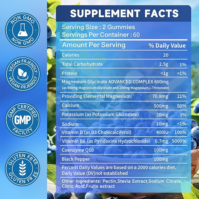 Magnesium Glycinate Gummies 600mg Sugar Free Magnesium Potassium Supplement for Adults with Magnesium L-Threonate Vitamin D B6and CoQ10 for Sleep Body Support and Relaxation120 Count