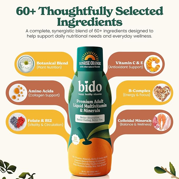Bido Adult Liquid Multivitamin &amp Minerals for Women and Men | 60+ Nutrients for Energy Immunity Mood | Orange Flavor 32 Servings