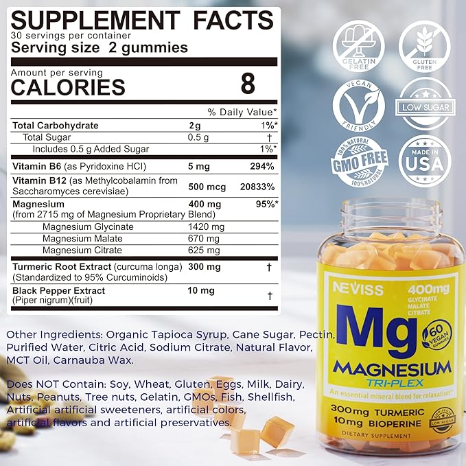 NEVISS Magnesium Gummies with Turmeric 300mg + Zinc and Magnesium Supplement with Vitamin B6 B12 D3 Turmeric