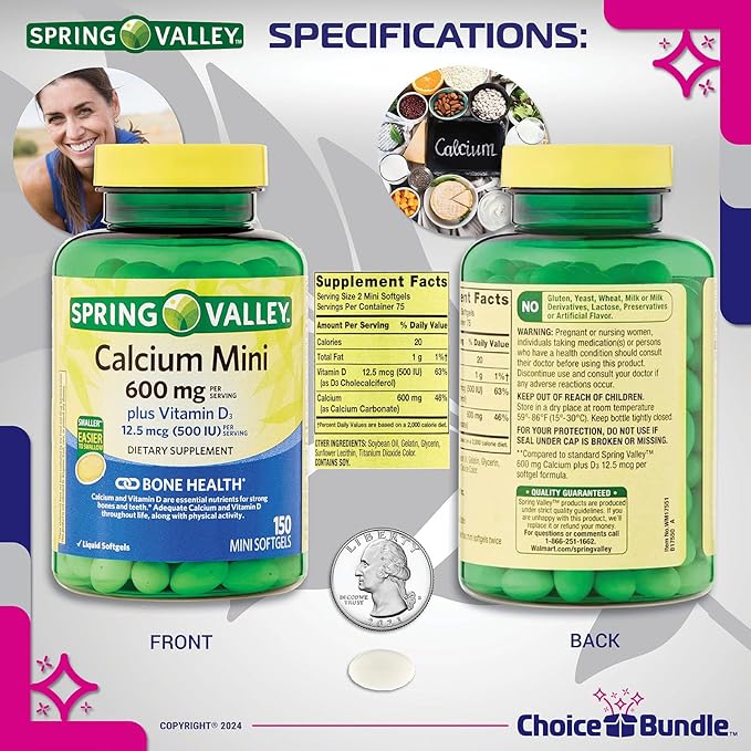 Spring Valley Calcium 600 mg Plus Vitamin D3 12.5 mcg 150 Ct Mini Softgels 2 Pk (300 Total) + Vitamin Guide &amp Pill Container (4 Items)!