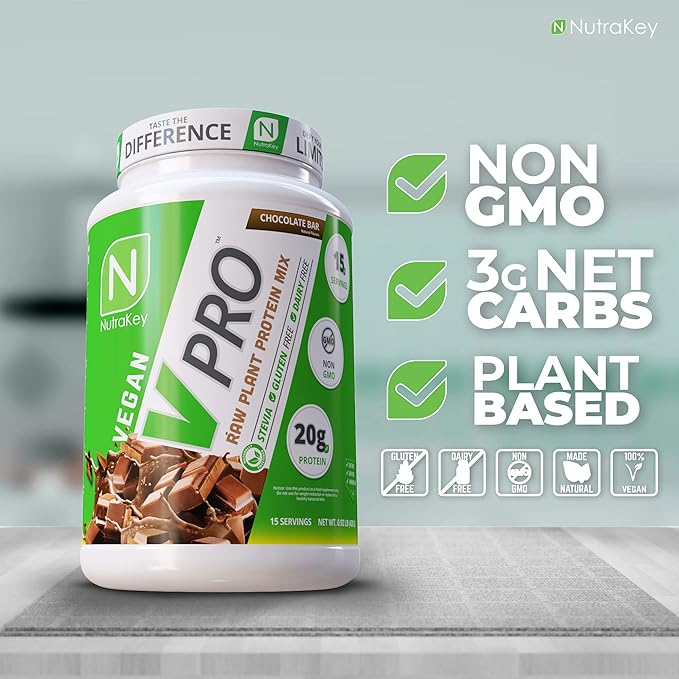 NutraKey V-Pro Raw Plant Protein Powder Organic Vegan Low Carb Gluten Free with with 20g of Protein (Chocolate) 2-Pound