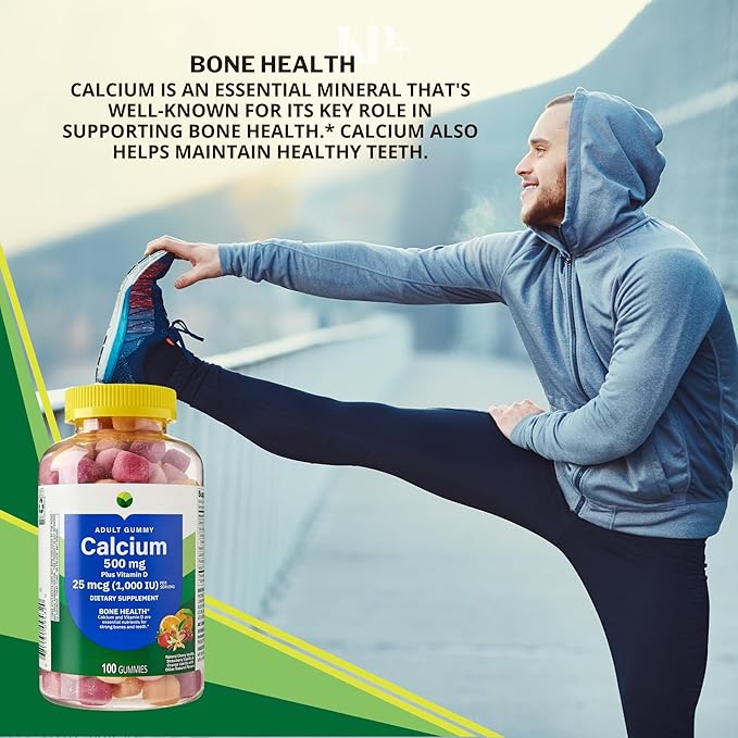 KP+ Calcium Gummies 500 mg with Vitamin D 25 mcg (1000 IU) | 100 Gummies | Natural Fruit Flavors | Pack of 1