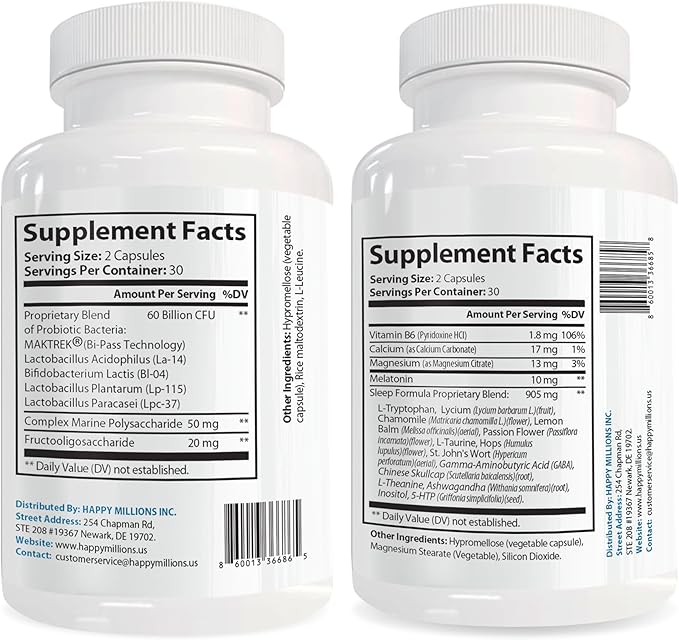 Melatonin Plus &amp Probiotic Capsules | Sleep Support &amp Digestive Health | 60 + 60 Capsules | with 900mg Calming Blend &amp 60 Billion CFU Probiotics