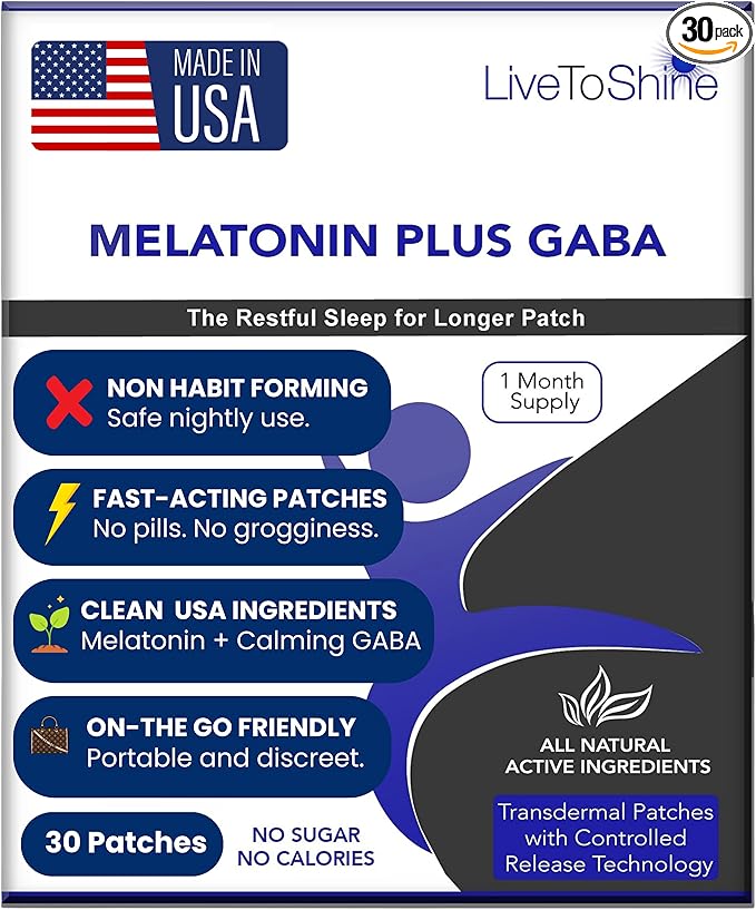 Live To Shine Melatonin Sleep Patches with GABA - 5mg Melatonin + 5mg GABA for Calm Restful Sleep -12-Hour Slow Release Transdermal Patch - 30 Patches - No Pills or Gummies