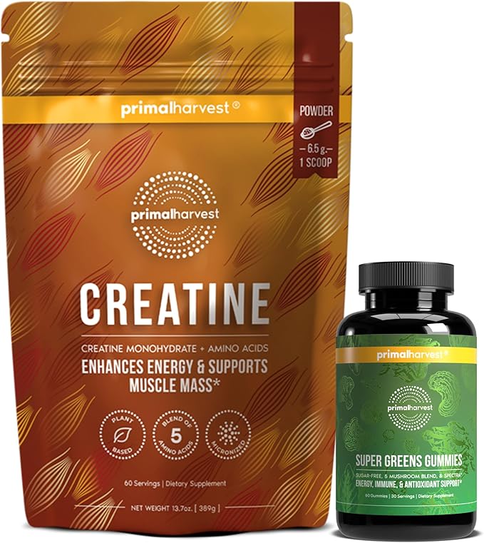 Primal Creatine Powder + Primal Greens Gummies Bundle | 2-Pack | Strength &amp Daily Greens Support | 30 Servings Each
