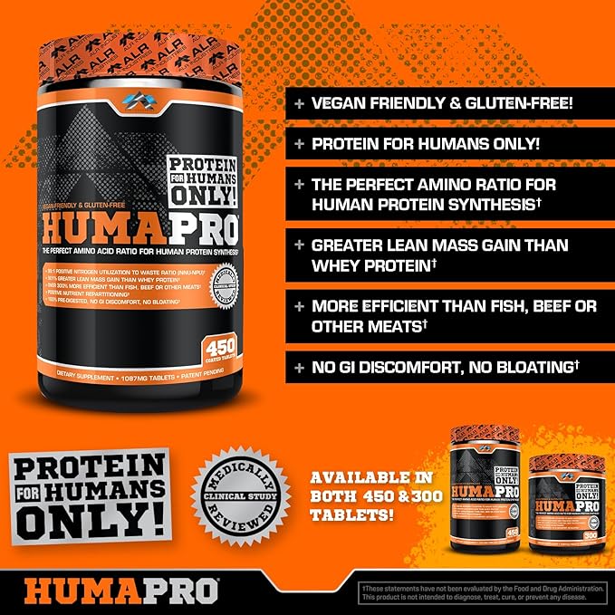 Humapro Tablets | Amino Acids Protein Matrix for Humans | 99% Utilization for Lean Muscle | Vegan Gluten Free | 450 Tablets / 90 Servings