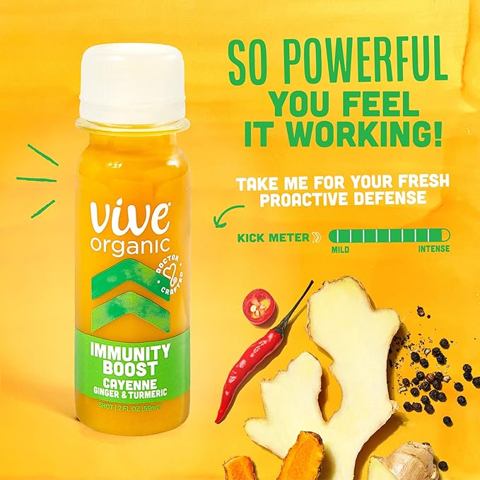 Vive Organic Immune Support Shot Cold-Pressed Ginger Turmeric &amp Cayenne Gluten Free Vegan Immunity Boost Cayenne 2 Fl Oz (Pack of 12)