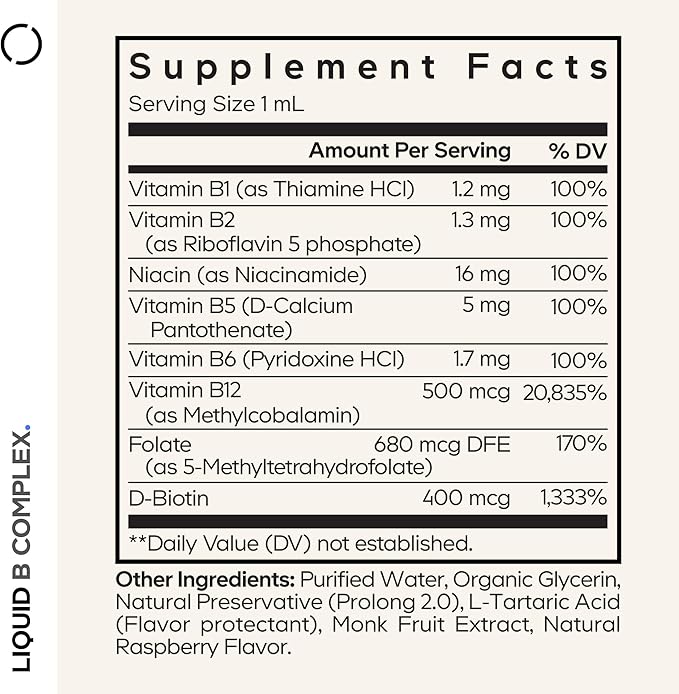 Codeage Liquid B-Complex Supplement with 8 Forms of Vitamin B - Vitamin Thiamine B1 Riboflavin B2 B3 B5 B6 Biotin B7 Active Methylated B9 Folate &amp B12 - Raspberry Flavor - Non-GMO - 1 fl oz