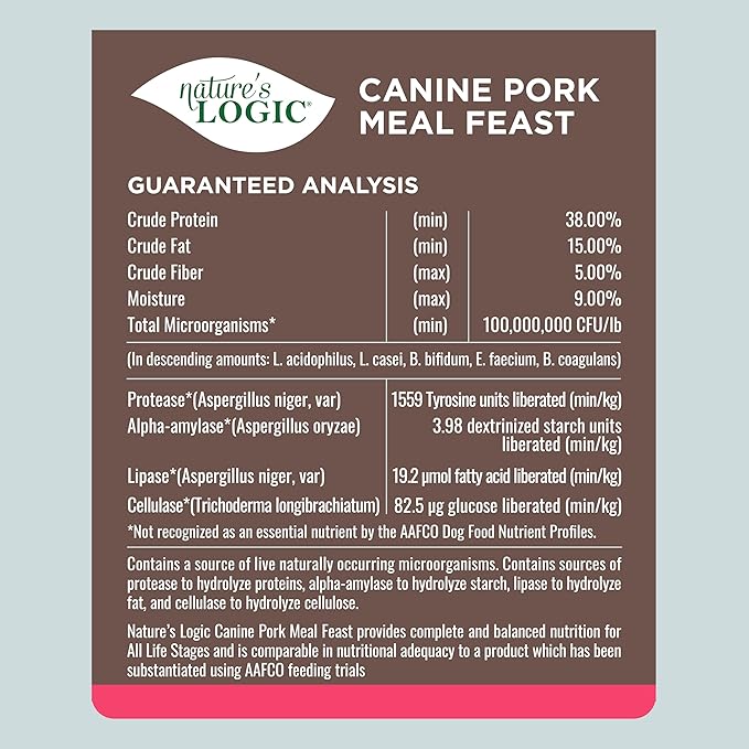 NATURE'S LOGIC Dry Dog Food - 100% Natural - No Synthetics - for All Ages Sizes Breeds - Free from Common Allergens High Protein - Pork Meal Feast 4.4lbs