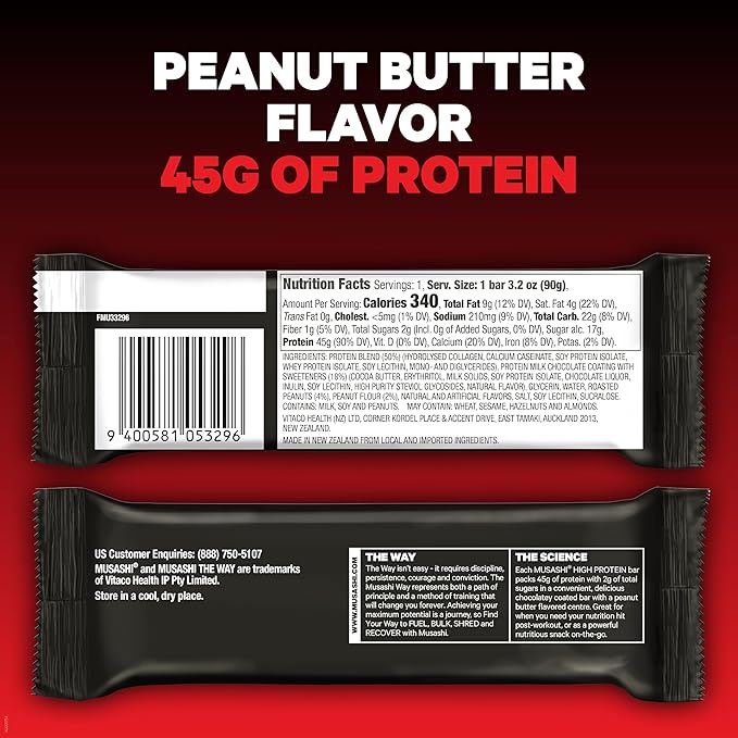 MUSASHI High Protein Bar 45g Protein 2g Total Sugars Peanut Butter &amp Milk Chocolate Coated Post Workout and Protein Snack On The Go 12 Pack of 3.2oz (90g) Bars
