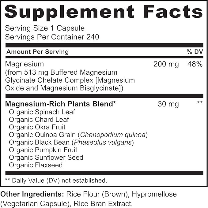 NATURELO Magnesium Glycinate Chelate Complex - 200 mg Magnesium with Organic Vegetables to Support Sleep Calm Muscle Cramp &amp Stress Relief - Gluten Free Non GMO - 240 Capsules