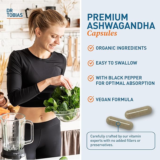 Dr. Tobias Ashwagandha Capsules - 1300mg Organic Ashwagandha Root Extract Per Serving with Black Pepper | Calming Adaptogen Energy &amp Focus Supplement (60 Vegetarian Capsules)