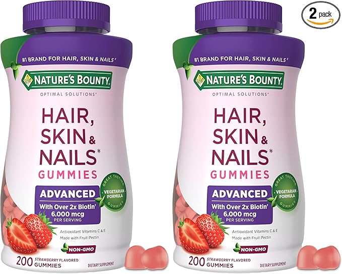 Nature's Bounty Optimal Solutions Advanced Hair Skin and Nails Pectin Gummies 2X Biotin Per Serving No Stick Gummy Vegetarian Formula Strawberry Flavor 200 ct 100 Total Servings (Pack of 2)
