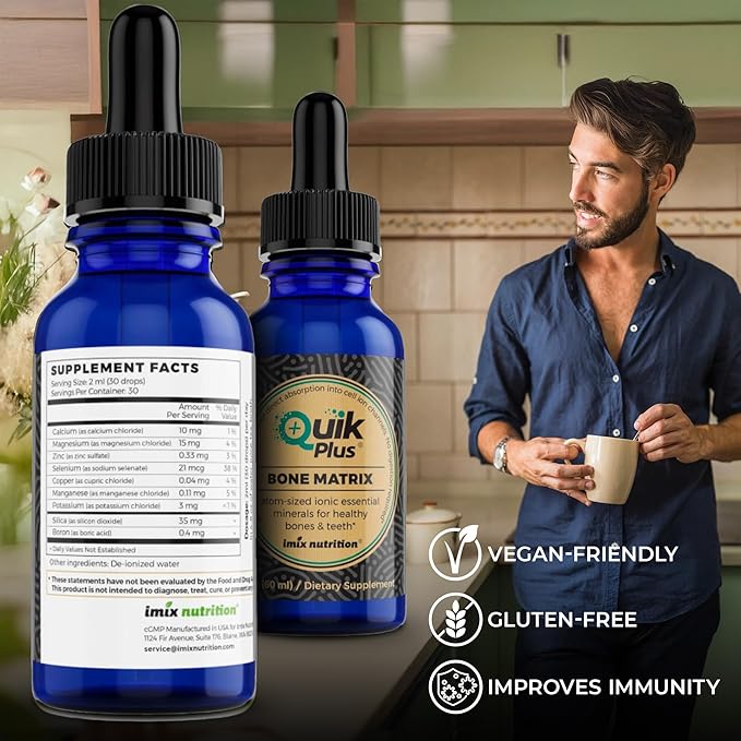 QuikPlus Bone Matrix with Calcium Magnesium Zinc and Potassium - Includes 9 Ionic Liquid Minerals Collagenizer for Bone and Teeth Support Vegan Gluten-Free All Natural (2 Oz)