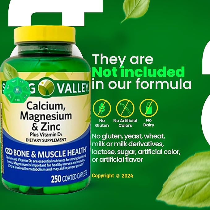 Calcium Magnesium Zinc &amp Vitamin D3 Dietary Supplement 250 Caplets (2 Pack) with Bundle Exclusive Better Ligth&ampSpring Guide + Weekly Pill Organizer (4 Items)