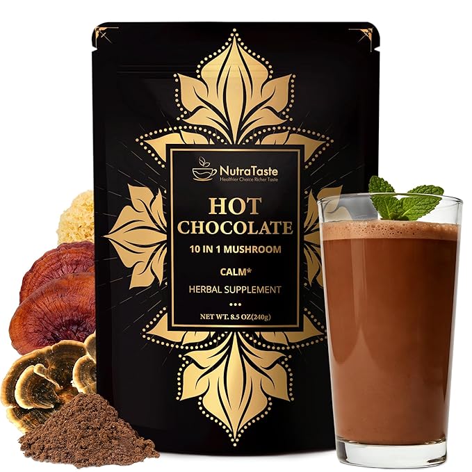 Mushroom Hot Cocoa with Magnesium Glycinate &amp L-Theanine GABA | 10-Mushroom Blend with Lion’s Mane &amp Reishi | Supports Calm Focus &amp Relaxation | Cacao Powder No Melatonin | Keto &amp Ve