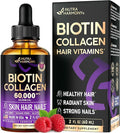 Liquid Biotin &amp Collagen 60000 mcg - Vitamins for Hair Growth Support - Extra Strength Drops for Women &amp Men - Liquid Collagen Supplement - Strong Nails &amp Healthy Skin - Made in USA - 2 F