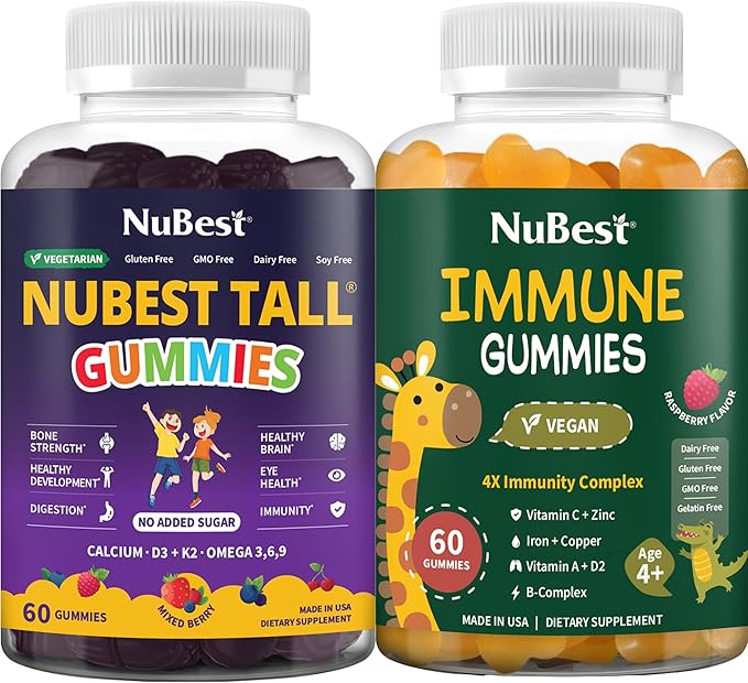 NuBest Bundle Gummies Daily Wellness Tall Gummies Bone Growth Immune Support with Calcium Vitamins D3 K2 C Zinc | No Added Sugar