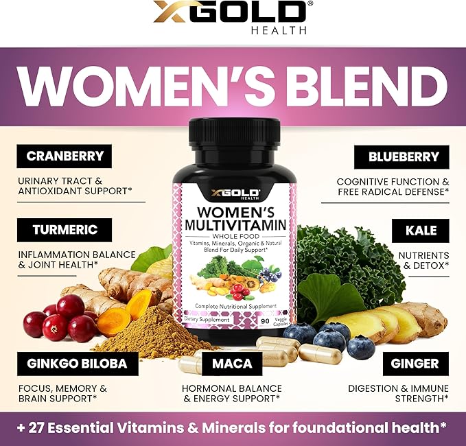 Vegan Women's Daily Multivitamin 50 Plus with Organic WholeFood Based Natural Ingredients Ginger Maca Multi-Vitamin B Complex &amp More - Energy Support Immune System Booster -90 Capsules