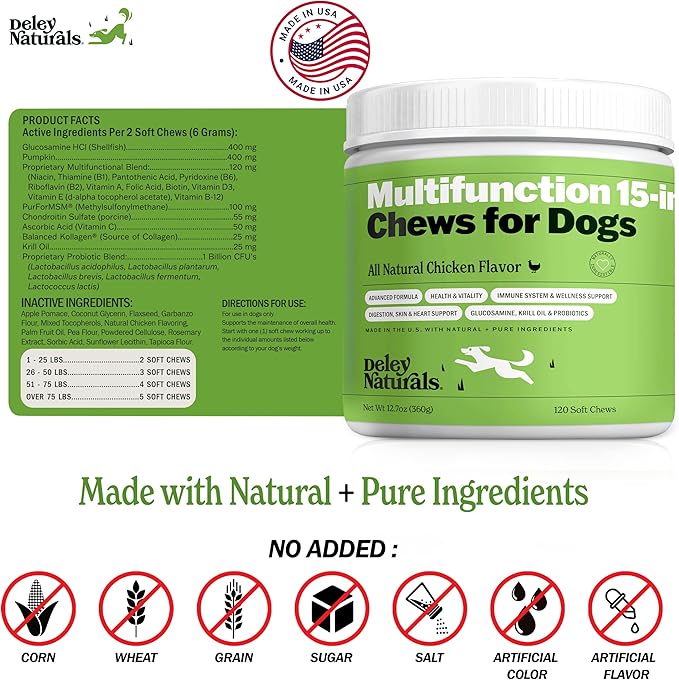 Deley Naturals 15 in 1 Multivitamin for Dogs - Complete Dog Vitamins and Supplements for Immune Support Joint Skin Digestion Heart &amp Overall Health - Daily Multifunction Supplements - 120 Chew