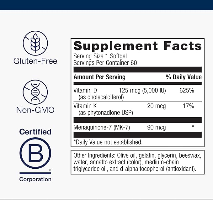 Metagenics Vitamin D3 + K - for Artery Health Immune Support Bone &amp Heart Health* - Vitamin D with MK-7 (Vitamin K2) - Non-GMO - Gluten-Free - 60 Softgels - 5000 IU