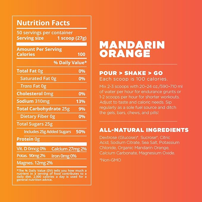 Tailwind Nutrition Endurance Fuel Carbohydrate &amp Electrolyte Sports Drink Mix Powder Gluten-Free Vegan Mandarin Orange 30 Servings