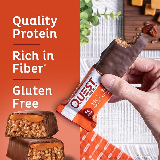 Quest Protein Shake Salted Caramel 4 Count(Pack of 3) and Hero Protein Bar Crispy Chocolate Caramel Pecan 12 Count Bundle