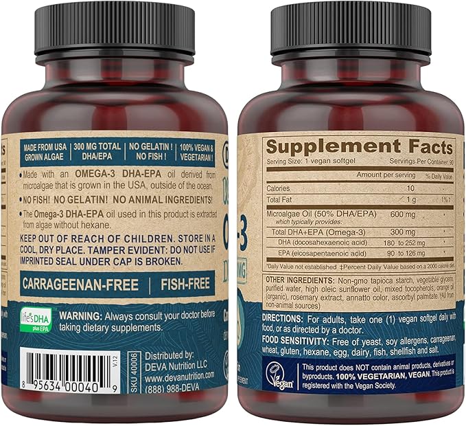 DEVA Vegan DHA-EPA Nutritional Supplement Non-Fish Derived from Algae 300 mg Potency 90 Vegetarian Softgels - Pack of 2