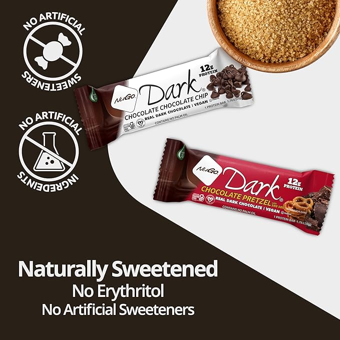 NuGo Dark Variety - Pretzel w/Sea Salt 12 bars &amp New! Chocolate Almond w/Sea Salt 12 bars 12g Protein Bar Vegan Gluten Free Non-GMO Kosher Pareve 24 count