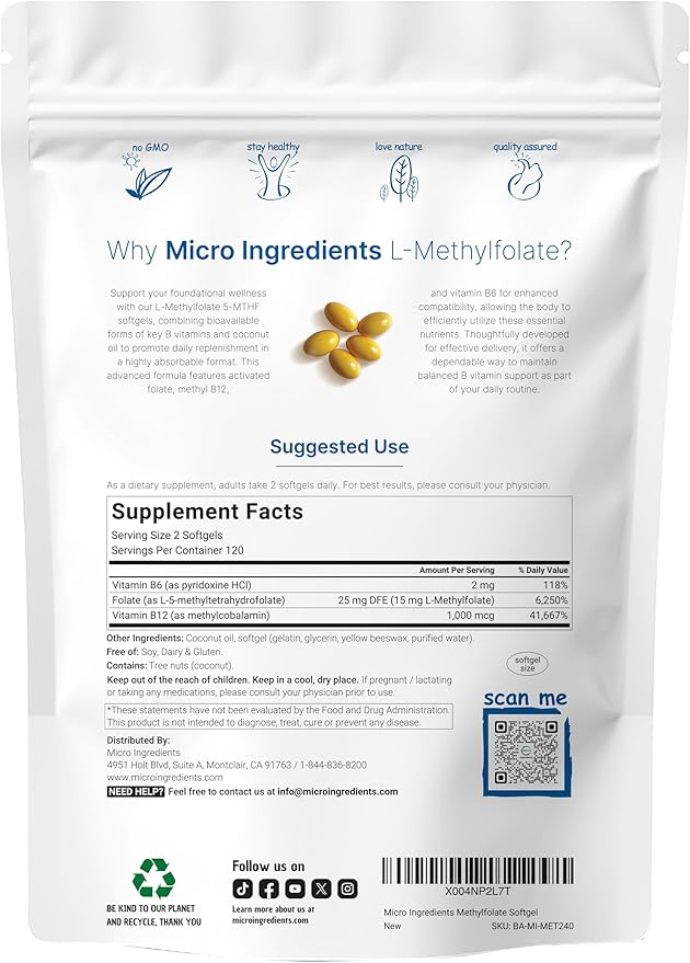Micro Ingredients L Methylfolate 15mg 240 Softgels | Active 5-MTHF with B6 &amp Methyl B12 | Methylated Vitamin B9 with Coconut Oil