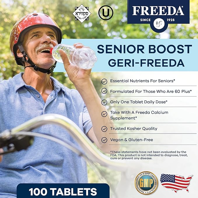 Freeda Senior Multivitamin - Kosher Vitamins for Men &amp Women 60 and Over - One Daily Coated Tablet - Women’s &amp Men’s Vitamins Multivitamin 60 Plus - Vitamins for Women Over 60 Plus Elderly (25