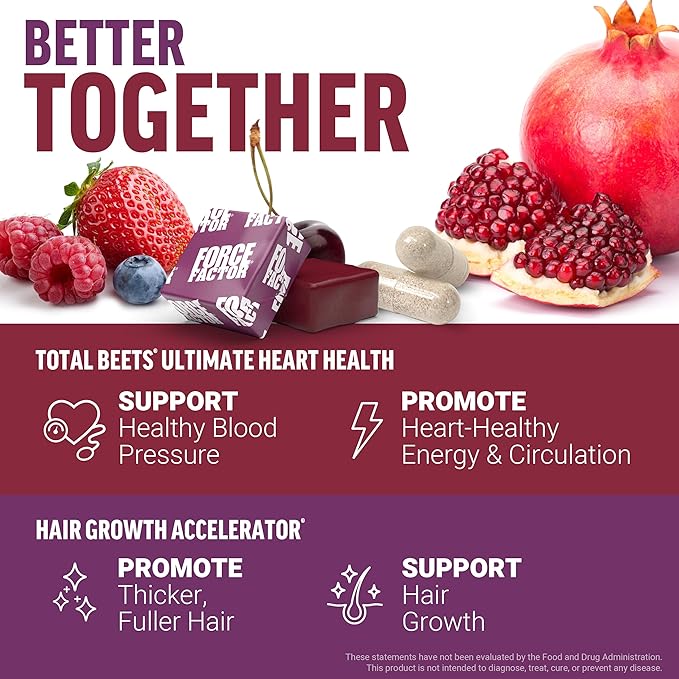 Force Factor Hair Growth Accelerator Capsules 90 Capsules + Total Beets Ultimate Heart Health Blood Pressure Support Pomegranate Berry 60 Soft Chews