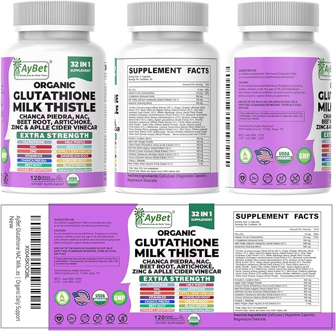 Glutathione NAC Milk Thistle Supplement | Liver Health Support | 32-in-1 Herbal Antioxidant Formula with Chanca Piedra Turmeric Dandelion Root Beet Root &amp Zinc | Halal Vegan Organic Daily Welln