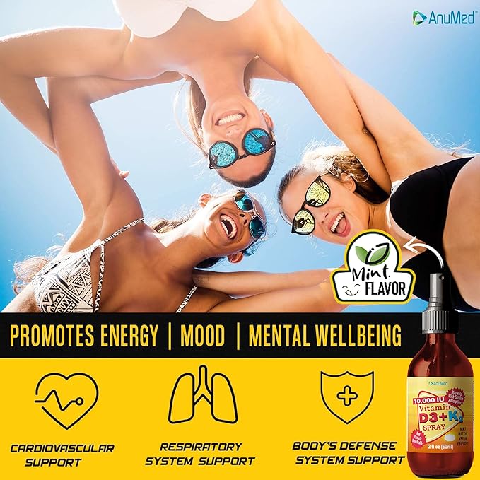 Vitamin D3 K2 10000 IU Liquid Spray with Organic MCT Oil Vitamin A (Retinol) 1250mcg K2 (MK4MK7) Promotes Heart Bones Immune System. 100% Vegan Non-GMO Gluten-Free No Sugar Added (2oz)