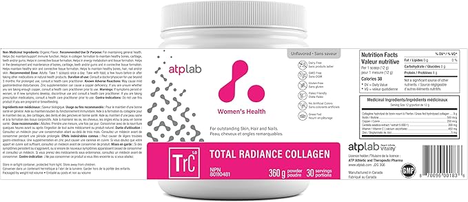 ATP LAB Total Radiance Collagen Powder Unflavoured 360g - Premium Hydrolyzed Collagen Peptides for Women - Vegan-Friendly Collagen Protein Powder Support for Skin Hair &amp Nails