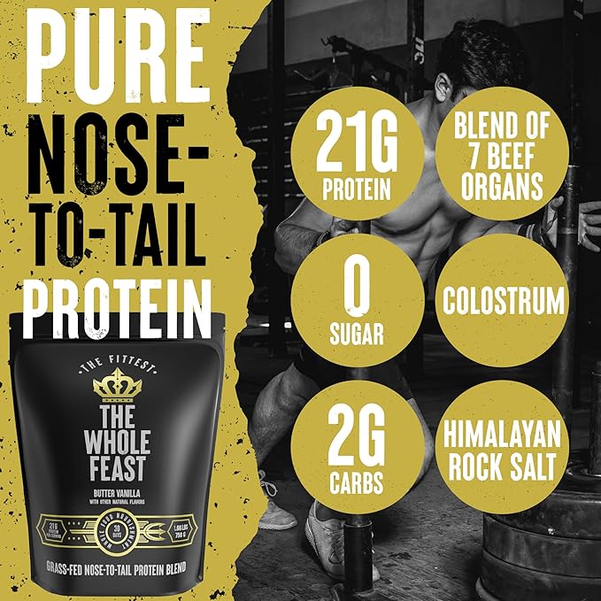 The Fittest Whole Feast Beef Protein Powder - Butter Vanilla - Grass Fed Nose to Tail Carnivore Blend Including Liver Colostrum and Whole Bone - BCAAs - 14g Collagen - 21g Total Protein